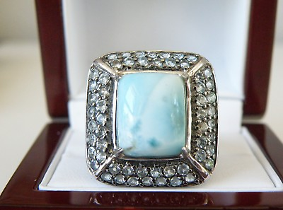 #ad Large Sterling Silver 925 Genuine Larimar Chunky Ring Size 10 $65.00