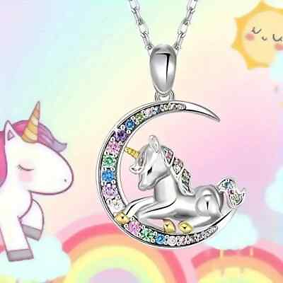 #ad Elegant 925 Sterling Silver Rhinestone Unicorn Fashion Jewelry Pendant Necklace $15.74