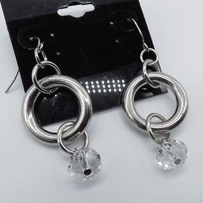 #ad Round Dangle Earrings 2.4quot; Silver Tone Clear Faceted Dangle Charm Bead $6.99