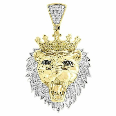 #ad Diamond Lion Face Pendant Mens 10K Yellow Gold Over Round Animal Charm 2.00 Tcw. $294.00