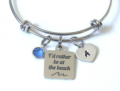#ad I#x27;d Rather be at the Beach Bracelet w Initial Heart amp; Birthstone Beach Jewelry $24.00