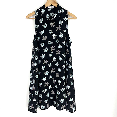 #ad Equipment Femme Dress Size Medium Black Silk Floral Print Button Shift Pockets $49.49