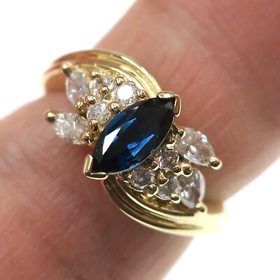 #ad 14k Solid Yellow Gold Natural Marquise Blue Sapphire and Diamond Ring Size 5.5 $516.75