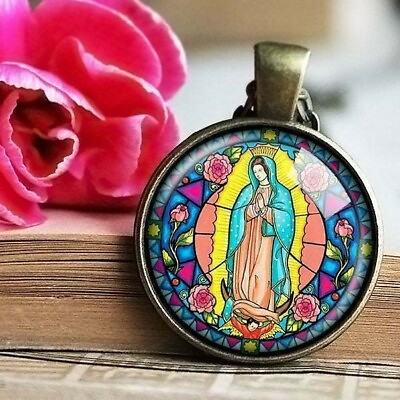 #ad VIRGIN MARY Santa Maria Our Lady Religious Glass Pendant Necklace Gift Catholic $14.39