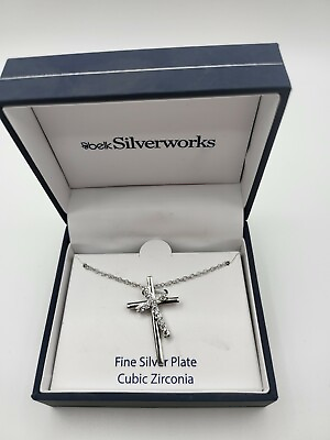 #ad Silverworks Sterling Silver CZ Double Cross Pendant Necklace Boxed 18quot; $36.99