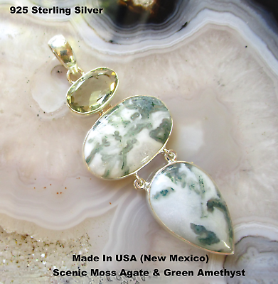 #ad AAA Scenic Moss Agate Sterling Silver Pendant Amethyst USA Made Large Bail $43.99