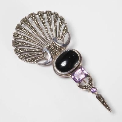 #ad Sterling Silver Marcasite Black Onyx Amethyst Color Stone Brooch Pin Vtg $60.00
