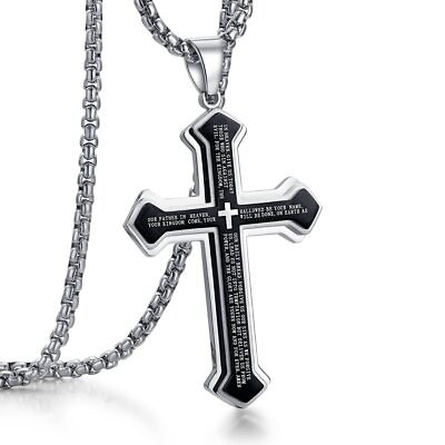 #ad Men Cross Pendant Necklace Stainless Steel Multilayer Lord#x27;s Prayer Chain 24quot; $10.39