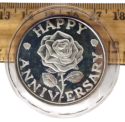 #ad Silver Round Happy Anniversary With Rose Flower 1 Troy oz .999 Fine Silver $33.95