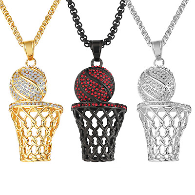 #ad Mens Punk Sports CZ Basketball Pendant Necklace Stainless Steel Hip Hop Jewelry $11.99