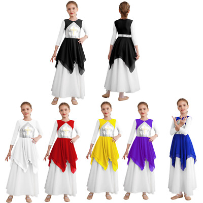 #ad Kids Girls Costume Color Block Dress Ballet Dancewear Sleeveless Church Worship $17.94