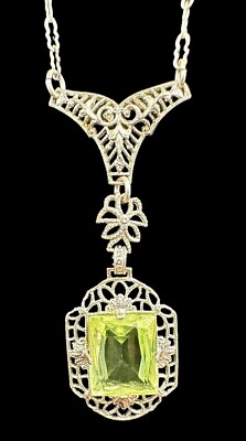 #ad 1930s Art Deco Sterling Filigree Green Uranium Glass Drop Estate Necklace CA Co $162.00
