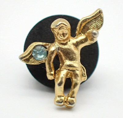 #ad Cherub With Blue Gemstone Guardian Angel Gold Tone Vintage Lapel Pin $14.95