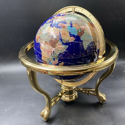 #ad Vintage Large Blue Lapis and Gemstone Art World Globe Brass Stand 15” Compass $149.99