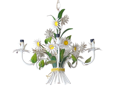 #ad Charming Florentine Chandelier Painted Metal Tole Flowers 60#x27;s Italian Ceiling $560.00