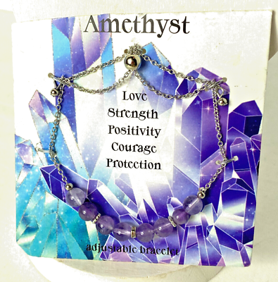 #ad Amethyst Bead Adjustable Length Bracelet Silver Tone Chain New on Card $9.75