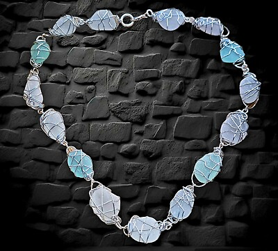 #ad Wire Wrapped white amp; Aqua Sea Glass Chunky necklace GBP 12.00