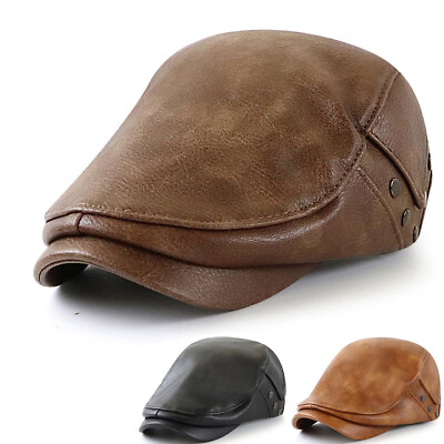#ad Men Beret Hat Cap Autumn Winter Leather Flat Newsboy Cap Gatsby Driver Ivy Hat $18.61