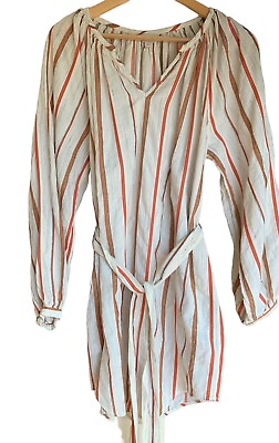 #ad Loft Beach Womens Coverup Dress Neutral Striped Blouson Sleeve Split Neck Belt S $23.99