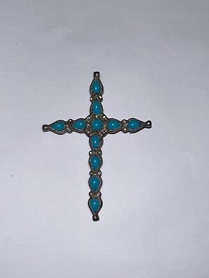 #ad BEAUTIFUL NATIVE AMERICAN TURQUOISE STERLING CROSS Pendant PIN SIGNED $110.00
