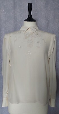 #ad l Tracy Size S Vintage Shirt Cream Pure Silk Embroidery GBP 44.00