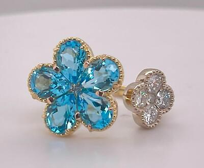 #ad Double Flower Clover Pear Shape Blue Topaz amp; Diamond 18K 2 Tone Gold Ring $3295.00