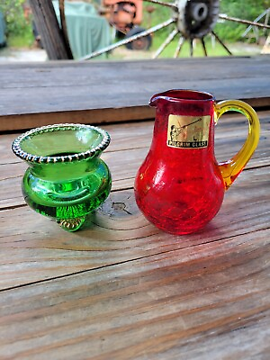#ad ANTIQUE GLASS EMERALD GREEN W GOLD TOOTHPICK HOLDER amp; Amberina Crackle Glass Lot $25.00