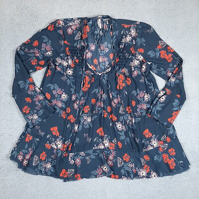 #ad Free People Top Women#x27;s M Pebble Crepe So Fine Smoked Tunic Floral Bell Sleeve $31.99