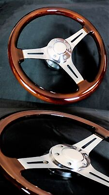 #ad 14 Inch Chrome Polished Steering Wheel Dark Wood 3 Spoke $150.35