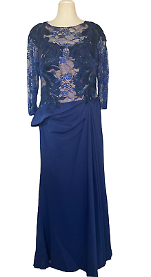 #ad Alberto Makali Dress Size 14 Mother of the Bride Navy Blue Lace Beige Underlay $89.79