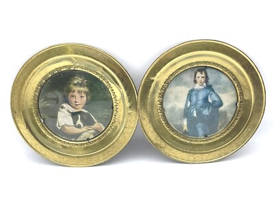 #ad Vintage Made in England Solid Brass Framed Round Wall Art Girl with Dog and Boy $26.00