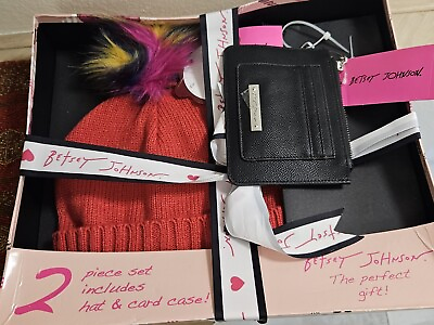 #ad 2 Pc Gift Set Betsey Johnson Colorful Pompom Hat amp; Black ID Card Case Wallet $78 $29.99