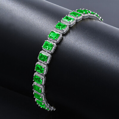#ad Emerald Green 18K White Gold Finish Simulated Diamonds Solitaire Unisex Bracelet $79.99