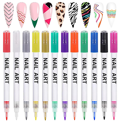 #ad 12 Colors Nail Art Pens 3D Nail Polish Pens Nail Point Graffiti Dotting Liner P $19.86