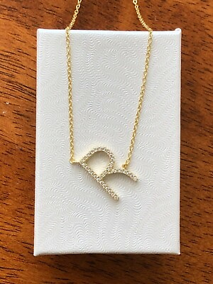 #ad 925 Sterling Silver Sideways Cz Gold Initial Letter R Necklace Pendant 15mm0.59quot; $24.99