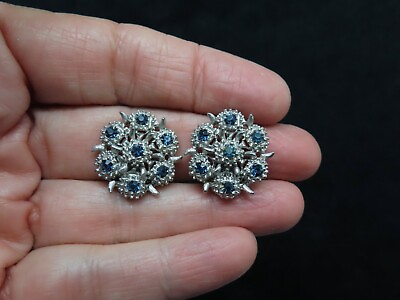 #ad Vintage 1960#x27;s Silver Tone Blue Rhinestone Clip Earrings $13.49