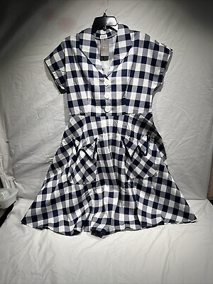 #ad NWT AYLI Blue Checker Fit And Flare Dress 1950 RETRO 18 Glamorous V Neck Button $19.31