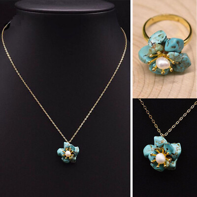 #ad Women Natural Turquoise Freshwater Pearl Pendant Necklace Ring Jewelry Set Gifts $18.17
