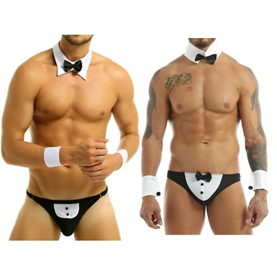#ad Mens Waiter Tuxedo Lingerie Sexy Dancer Open Back Suit Cuffs Briefs Underwear $9.09