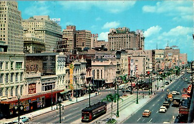 #ad Canal Street New Orleans NO with Trolleys 1950s cars Postcard $4.99