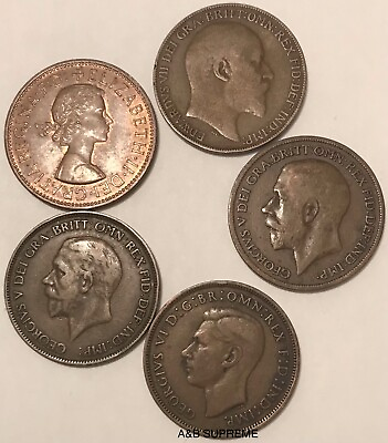 #ad 1895 1967 United Kingdom British Large Penny 5 Coin Lot Cents AG Or Better $9.89