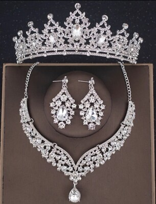 #ad Bridal Rhinestone Crown Tiara Crystal Necklace Earrings Set for Princess Queen $25.00