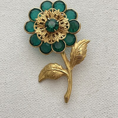 #ad Vintage Emerald Green Gold Tone Rhinestone Filigree Flower Brooch Pin Bezel Set $31.95