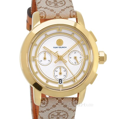 #ad TORY BURCH The Tory Womens Gold Chronograph Watch Beige Jacquard Band White Dial $164.80