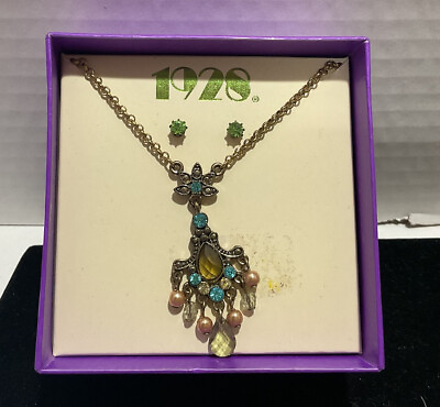 #ad 1928 Chandelier Necklace amp; Matching Earrings Blue amp; Green $14.99