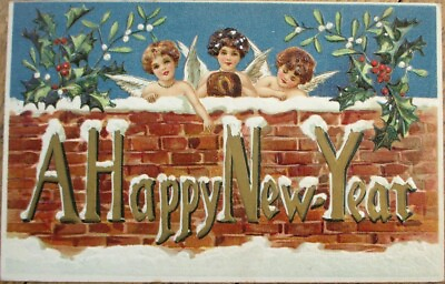 #ad New Year 1908 Postcard Large Letter Angel Cherubim Cherub Embossed Color Litho $9.99