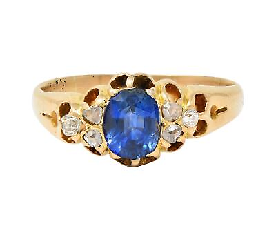 #ad Victorian 1.30 CTW Sapphire Diamond 14 Karat Yellow Gold Belcher Antique Ring $2580.00