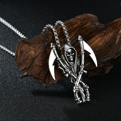 #ad Grim Reaper Death God Skull Sickle Necklace $18.00