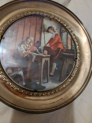 #ad Antique English painting In brass plate Helmet Maker With Lord $12.00