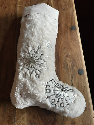 #ad Creative Co op White Faux Lamb’s Fur Xmas Stocking Sequined Snowflakes Lined $24.95